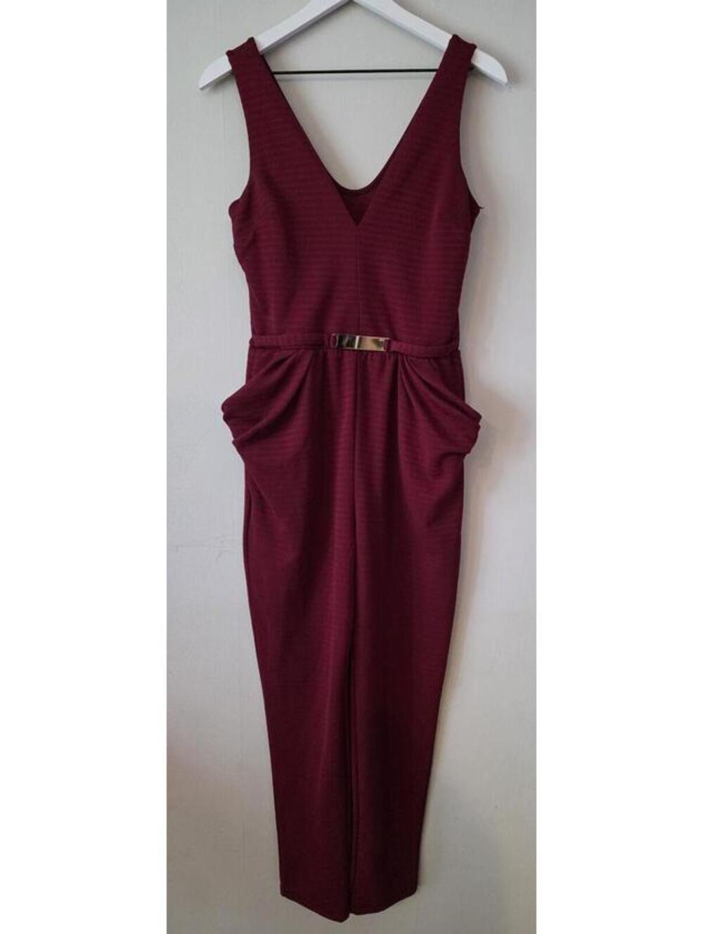 Love J Burgundy V-Neck Sleeveless Jumpsuit Size Medium Gold Belt Detail